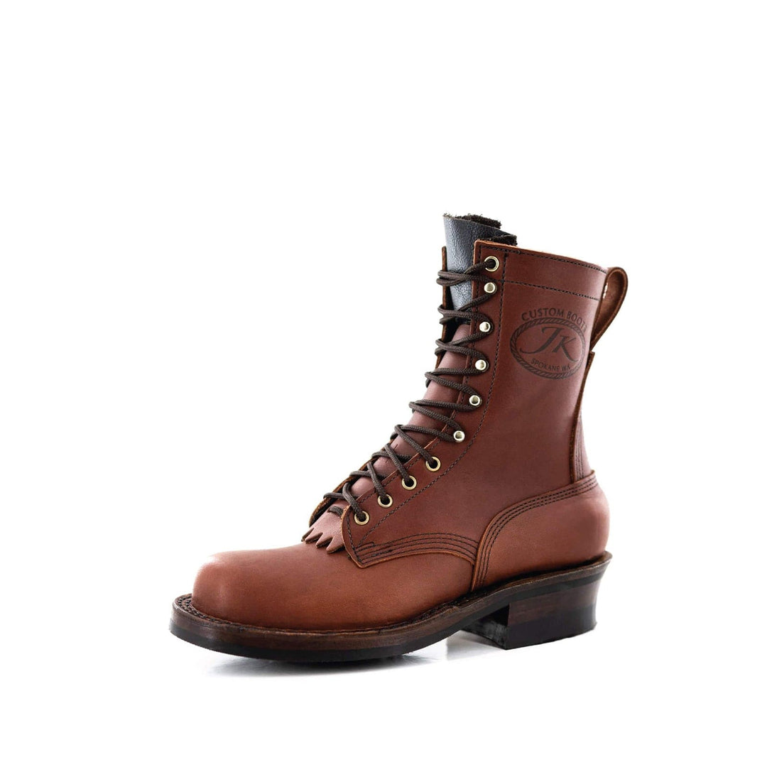 a single Harvester - Redwood boot showing off the gold hooks and eyelets, the red tanned leather and quality stitching.