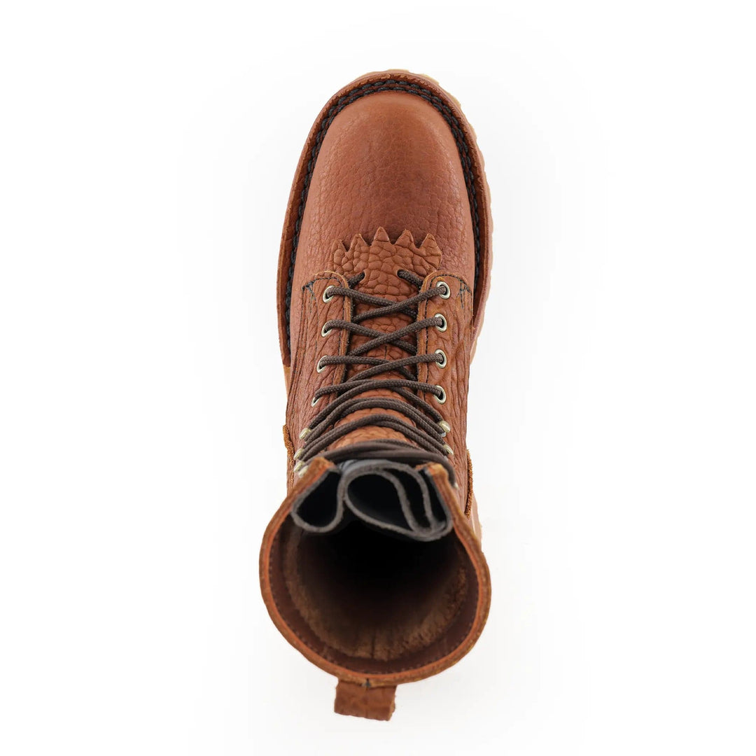 top down view of the founders boot showing the lacing, you can see the eyelets and hooks as well as the brown lace.