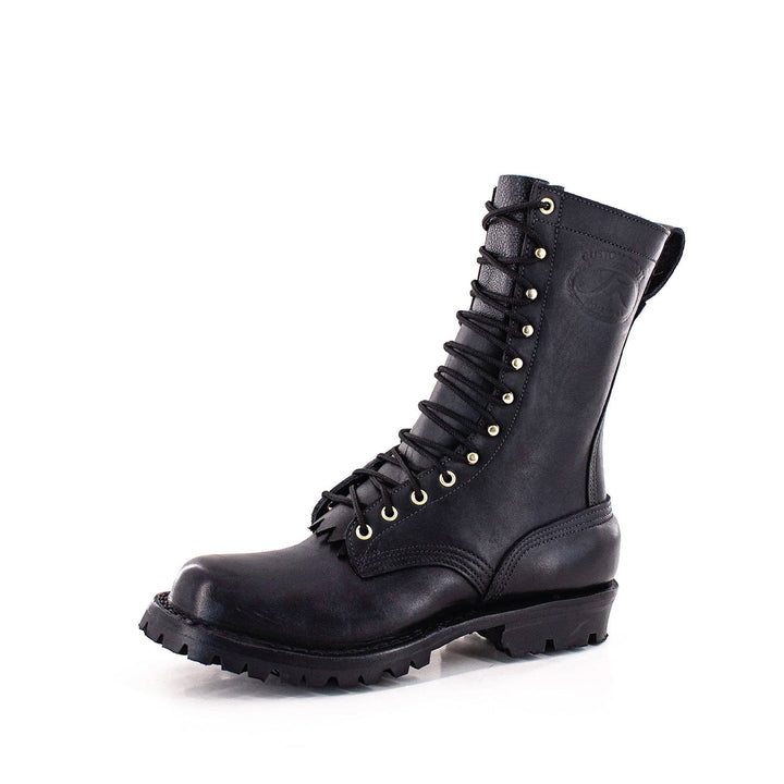 side view of black boot showing the design.