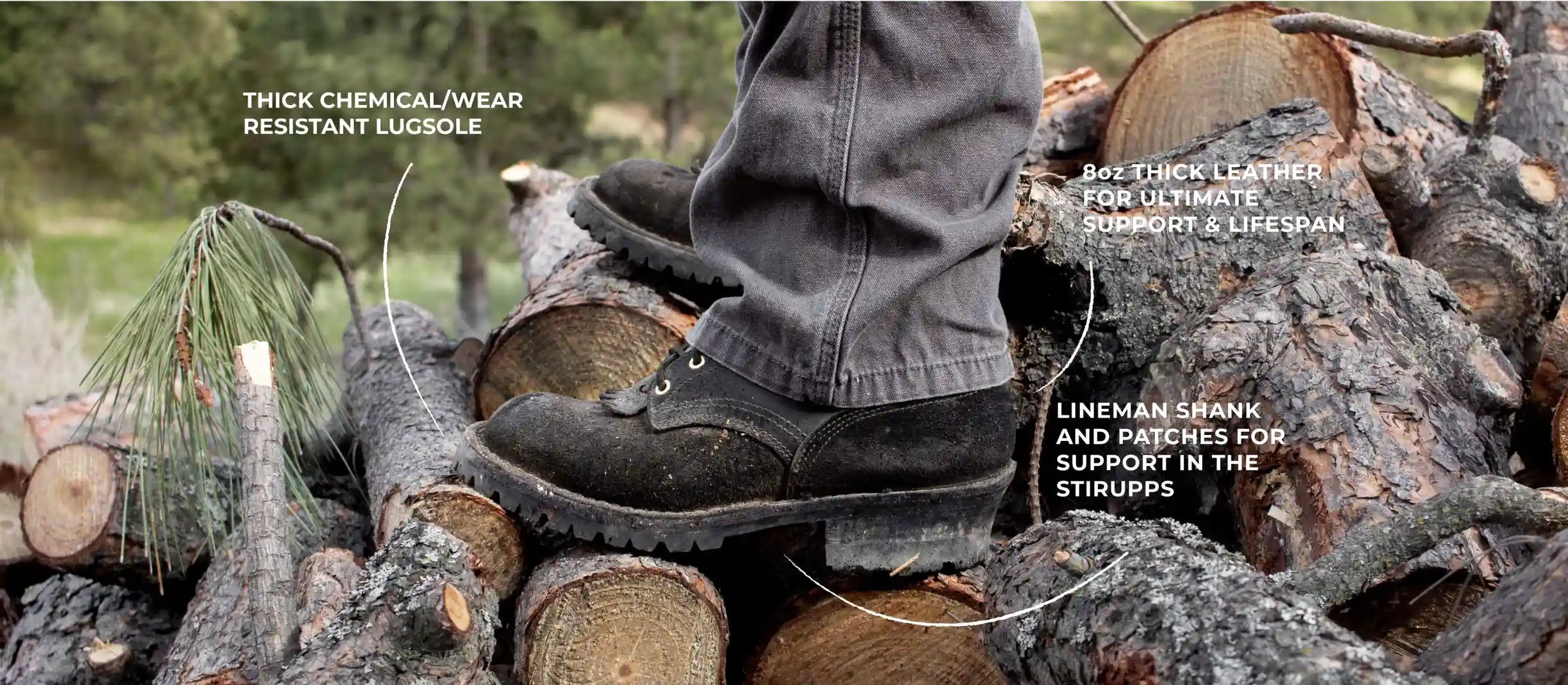 climber boot model from jk boots standing on tree limbs