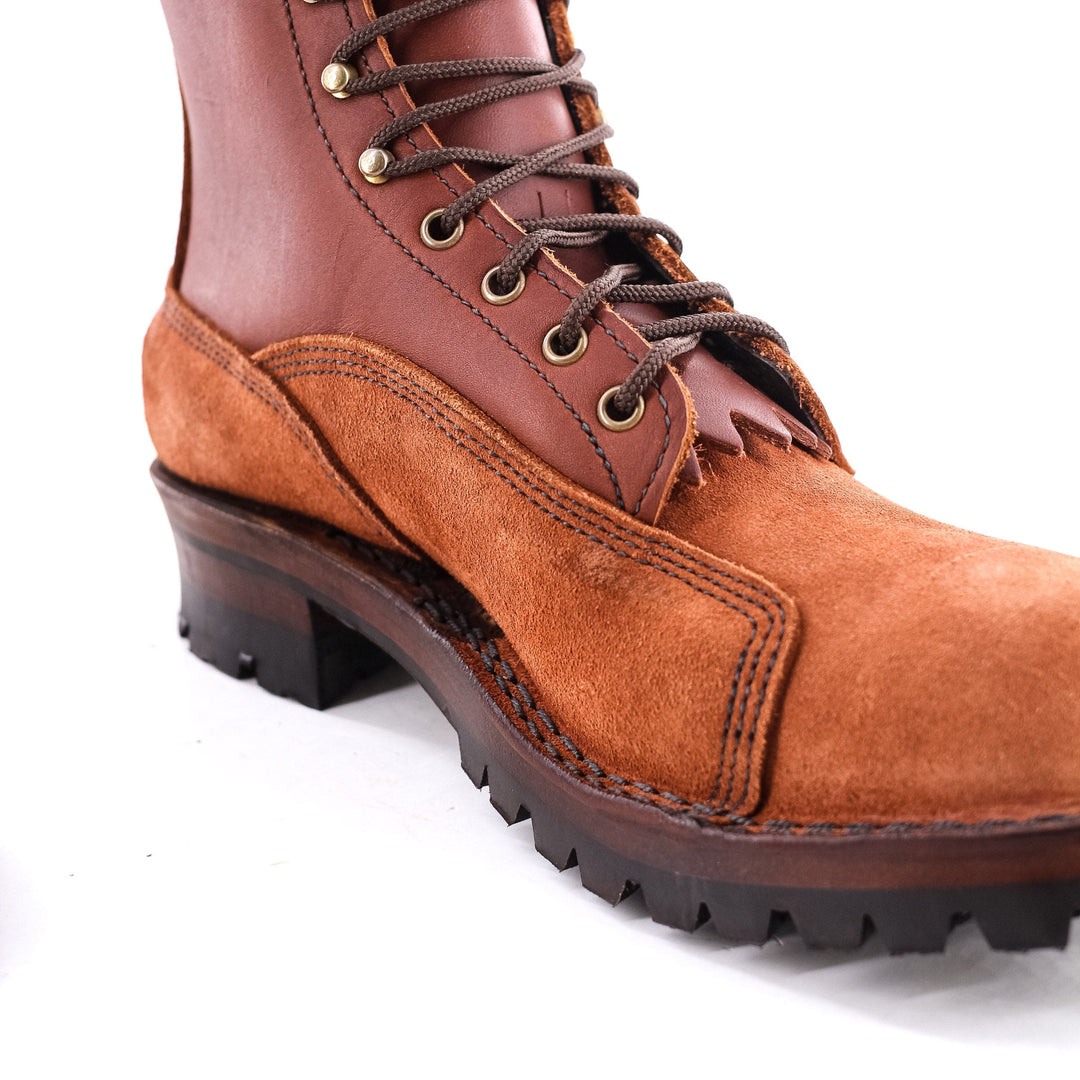 close up of the Climber - Redwood showing the eyelets and hooks. dark brown lace. 