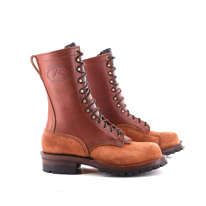 side profile view of the Climber - Redwood showing the JK stamp and the vamp.