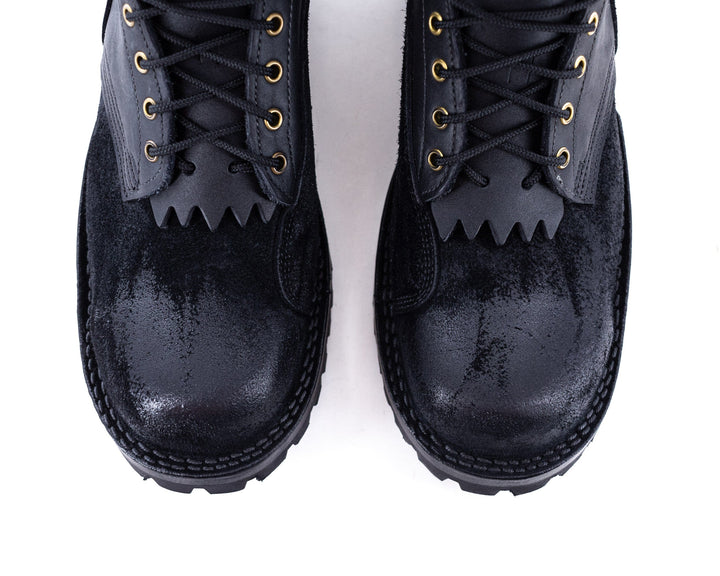 Top view of the Climber boot showing the boots leather laces.