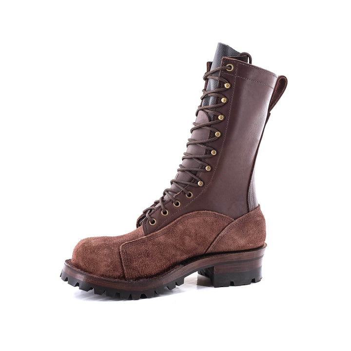 Brown Climber boot on white background showing the contrasting colors.