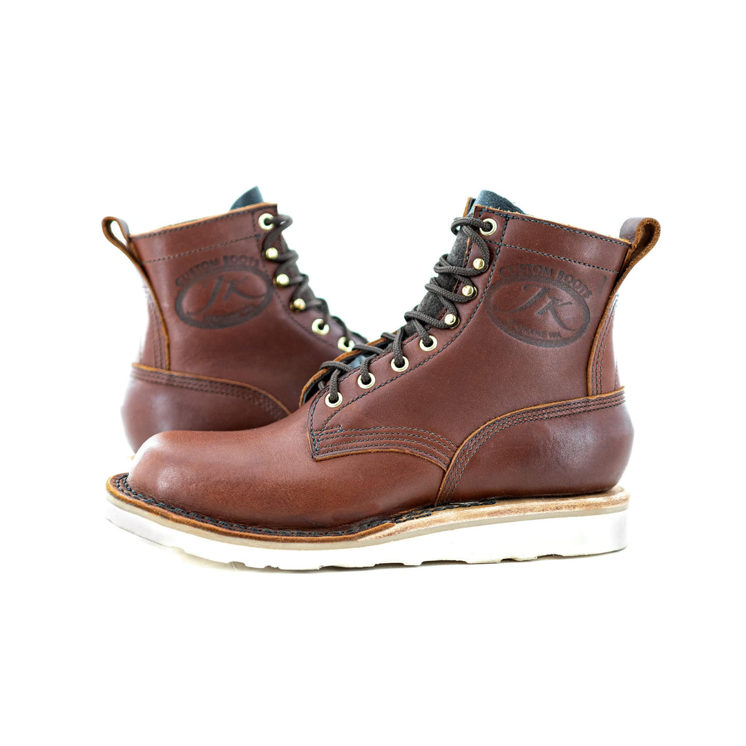 pair of Forefront (Safety Toe) - Redwood angled to show the overall design of the boot while showing off the JK stamp.