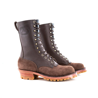 a pair of Honey Fire - Brown showing the overall aesthetic of the shoe. the gold hooks and eyelets pop against the brown leather and white background.